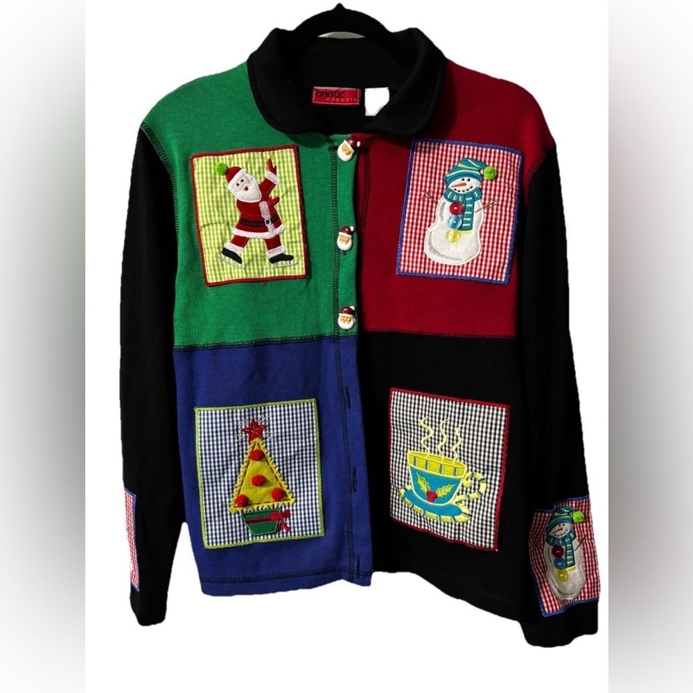 Vintage Christmas Cardigan Santa Snowmen Grandma Core Onque Casuals Medium READ